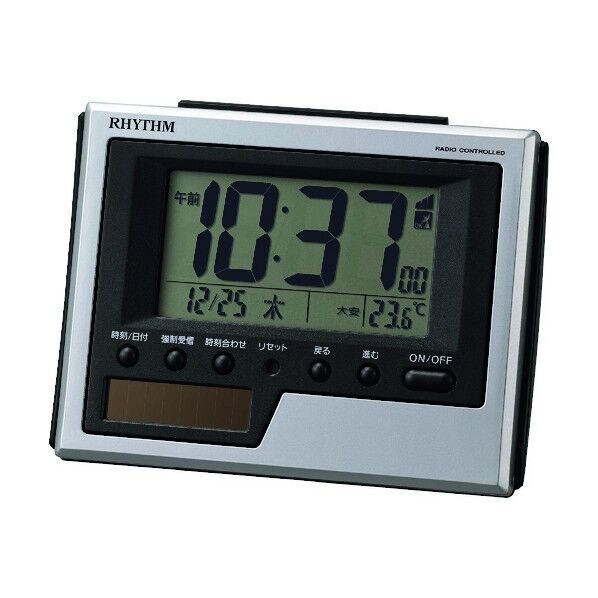 リズム 電波 目覚まし時計 温度計付き ソーラー補助電源 シルバー
