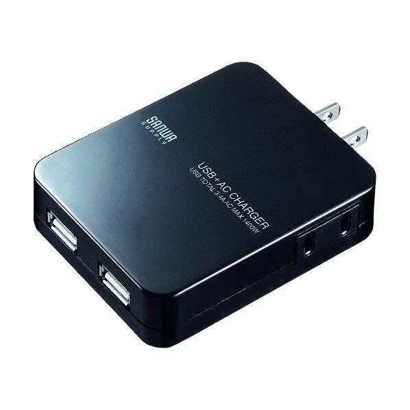 ACコンセント付きUSB充電器 2ポート・合計3.4A・ブラック ACA-IP59BK 1点