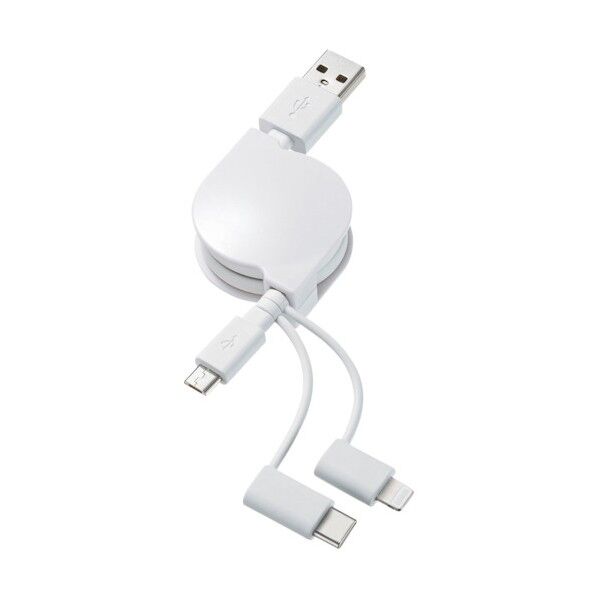 サンワサプライ ライトニング・Type-C・microB巻取りUSB3in1ケーブル0.8m KB-IPLTM08KW 1点