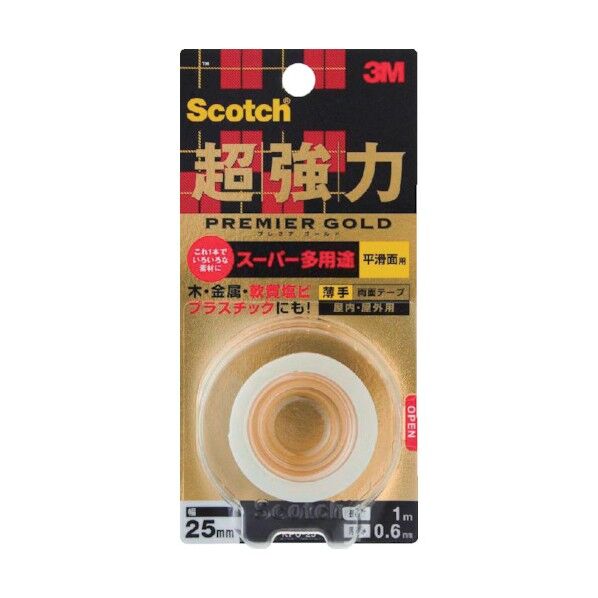 超強力プレミアゴールド スーパー多用途平滑面用 薄手両面テープ 幅25mm×長さ1.5m×厚み0.6mm KPU-25 1巻