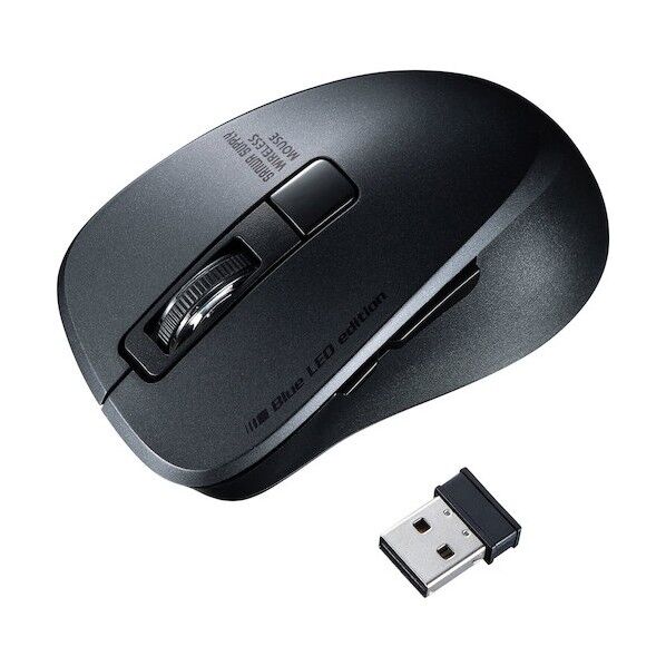 静音ワイヤレスブルーLEDマウス(5ボタン・ブラック) MA-WBL153BK 1点