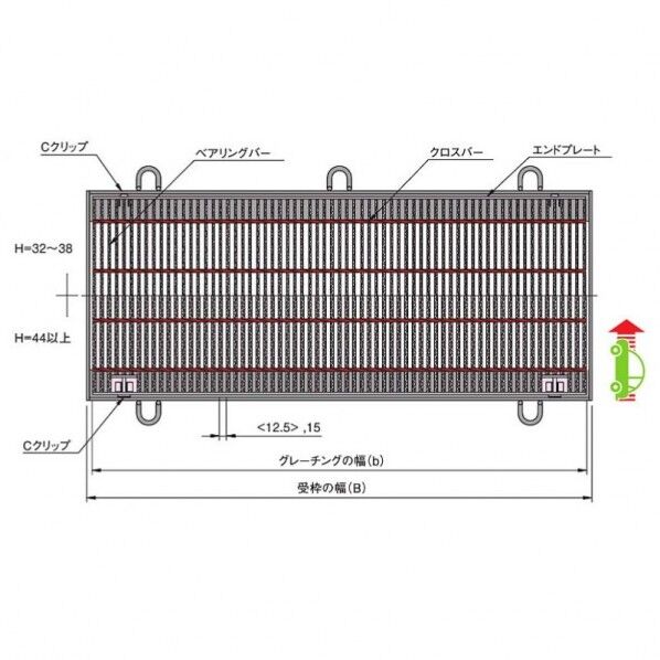 Cクリップ付騒音防止用スチールグレーチング b997×a300×h32mm CXHBC332-2 1個