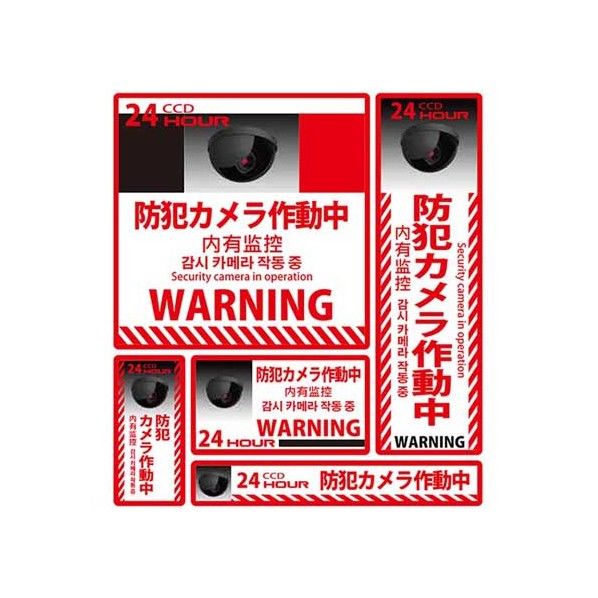 防犯ステッカー 半球カメラ(防犯カメラ作動中) 白/赤 SS-002 5枚