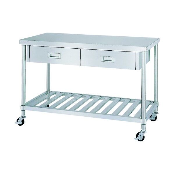 ステンレス作業台片面引出付スノコ棚キャスター付 750×450×高さ800 WDSC-7545-R100 1点