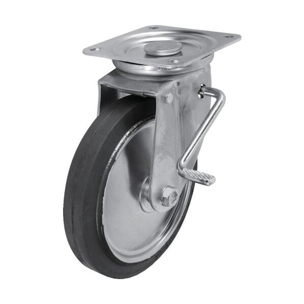 プレート式キャスター(プレス製ゴム車) 自在ダブルストッパー付(右側)