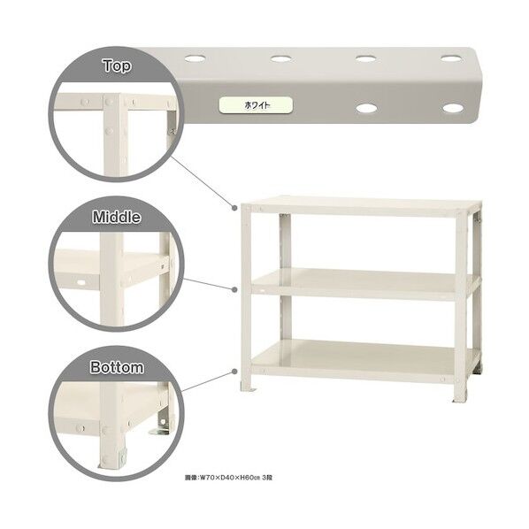 ボルト式棚 荷重40kg スマートラック 開放型 3段 ホワイト 700×450×600 NSTR-147-3-W 1点
