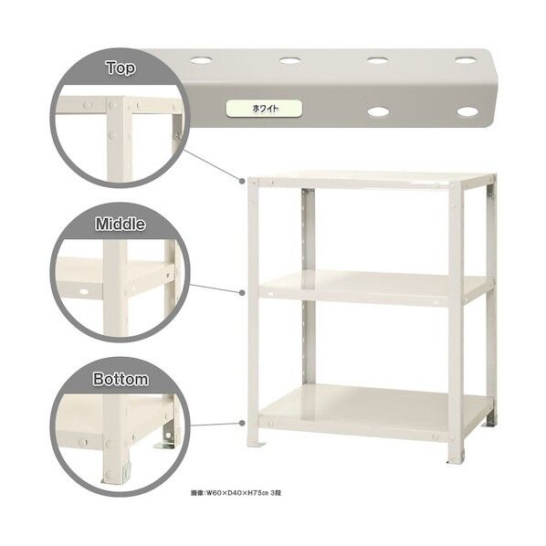 ボルト式棚 荷重40kg スマートラック 開放型  3段 ホワイト 600×400×750 NSTR-236-3-W 1点
