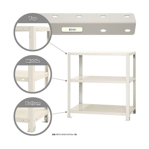 ボルト式棚 荷重40kg スマートラック 開放型 3段 ホワイト 700×400×750 NSTR-246-3-W 1点