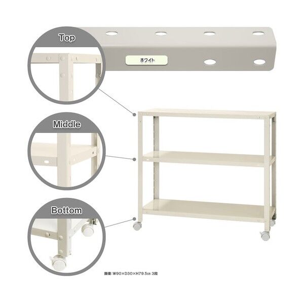 ボルト式棚 キャスター付きタイプ 荷重80kg キャスター付きスマートラック 3段 ホワイト 900×300×750 NSTRK-264-3-W 1点