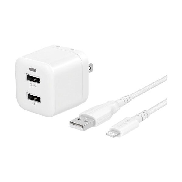 オウルテック 最大17W USB Type-A 2ポート AC充電器 超タフUSB Type-A to Lightning ケーブルセット OWL-AC17WAAL15-WH 1点