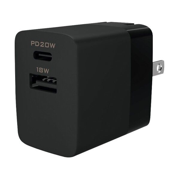 コンパクト&高出力 しかも2台同時充電 USB Type-C & Type-A搭載ACアダプター OWL-APD20C1A1-BK 1個