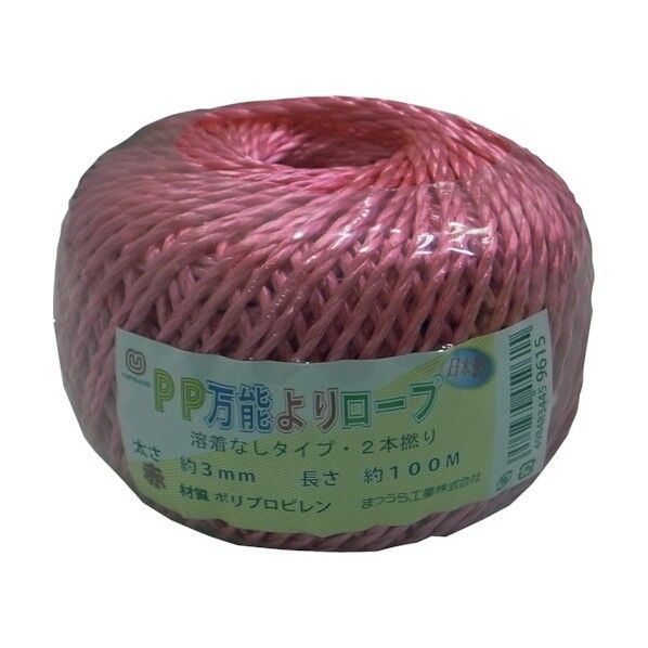 PP万能よりロープ(2本より、溶着なし) 赤 3mm×100m PP-ROPE-3-100RED 1巻