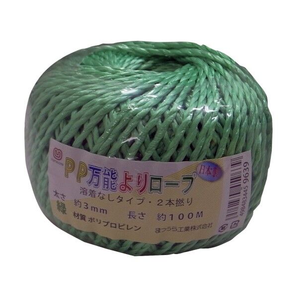PP万能よりロープ(2本より、溶着なし) 緑 3mm×100m PP-ROPE-3-100GRN 1巻