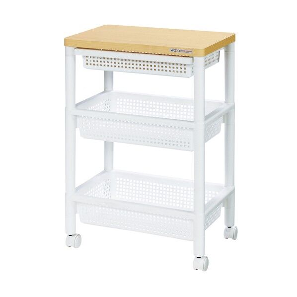 ウッドテーブルワゴン キャスター付き 引き出しバスケット・2段棚付き WTW-3HS ホワイト 1点
