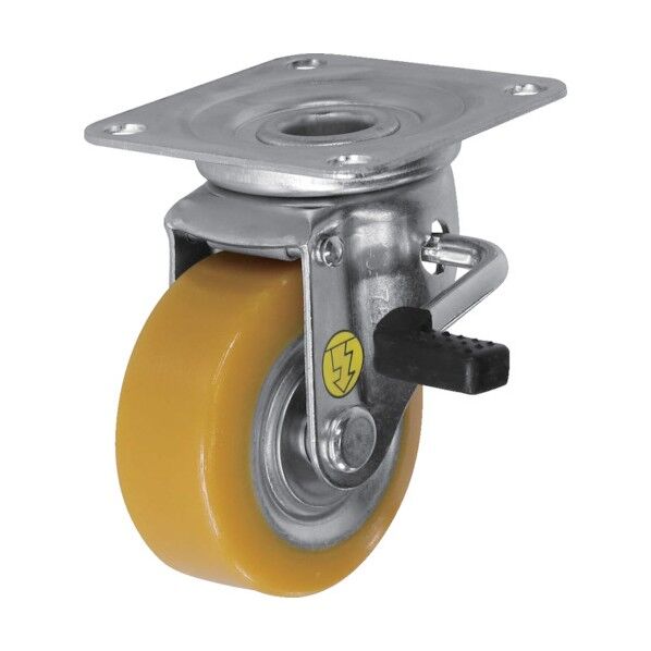 プレート式静電気帯電防止キャスター(プレス製ウレタン車) 自在ダブルストッパー付(右側)