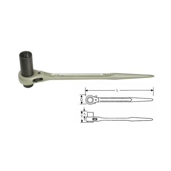 21x27mm/355mmラチェットレンチ(ロング/シノ付) L:355、D:50、T:108.5、T1:70.5、T2:17.5(mm) EA602AG-7 1