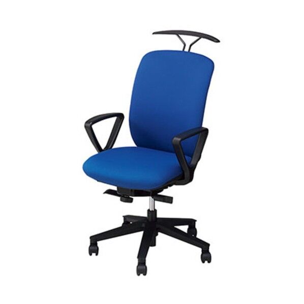 事務用チェア ブルー 固定肘付 ハンガー付 ビニールレザー ハイバック