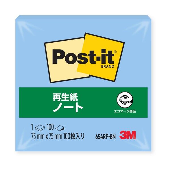 ポストイット再生紙ノート ブルー 654RP-BN 100枚