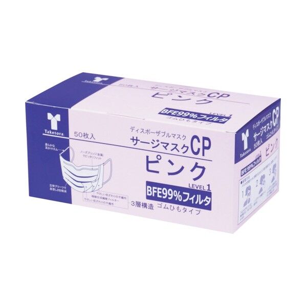 サージマスクCP 金属ノーズブリッジ ピンク ピンク 9.5cm×17.5cm 076235 50枚