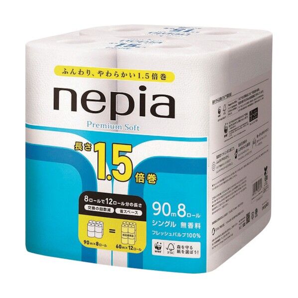 王子ネピア プレミアムソフト1.5倍巻8ロールシングル90M 20300-20301 1点...