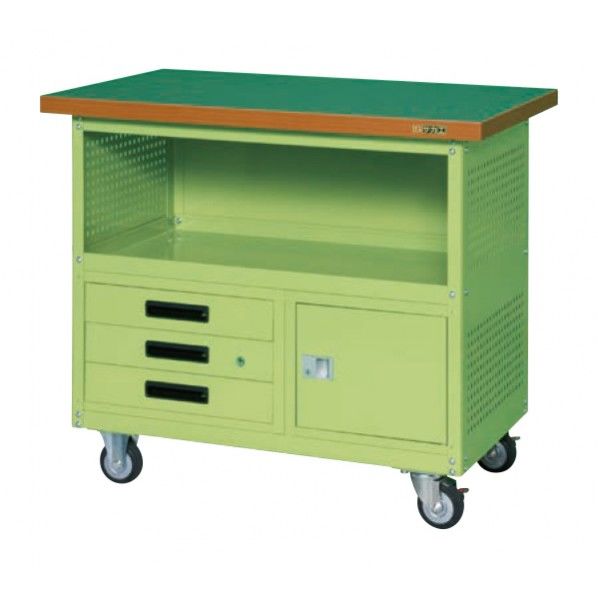 移動作業車 下段3段引出し ロッカー･パネル付 サカエグリーン 外寸(間口W×奥行D×高さH)(mm):1000×600×880 SKR-300P 1台