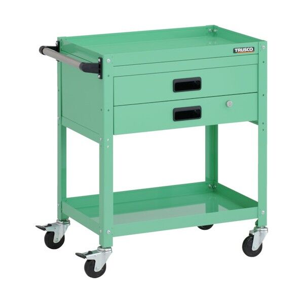 ラビットワゴン 600X400XH740 2段 2段引出付 ハンドル付 ゴム車輪 ヤンググリーン RBW-762XH YG 1点