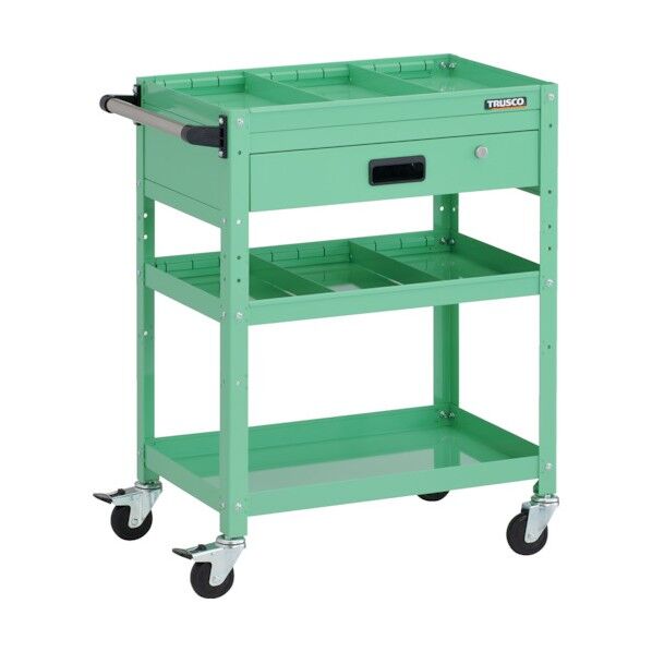 ラビットワゴン 600X400XH810 3段 1段引出付 仕切板2段付 ハンドル付 ゴム車輪 ヤンググリーン RBW-863S2VH YG 1点