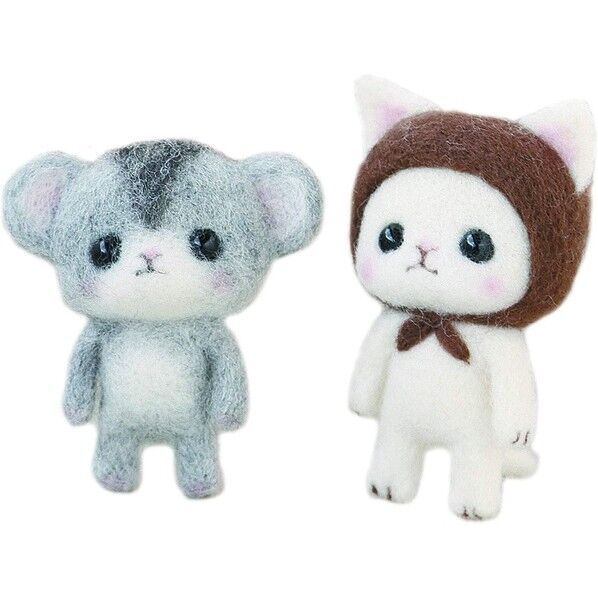 つぶらな瞳の羊毛マスコットキット 茶色ずきんの白猫とジャンガリアンハムスター