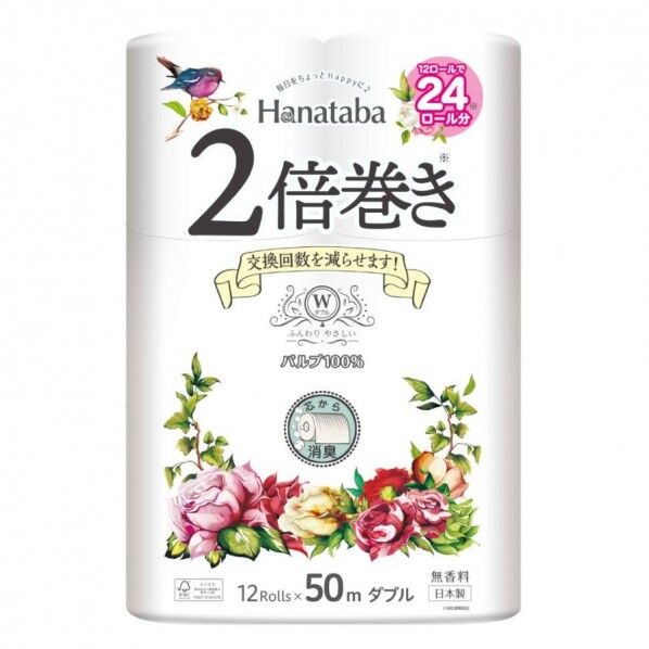 Hanataba 2倍巻き 12ロール×6パック ダブル ホワイト 6パック