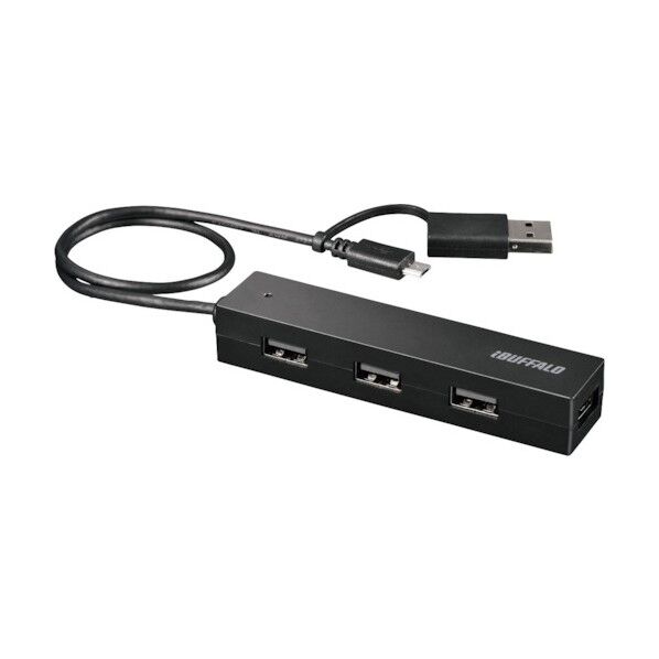 タブレット・スマホ用 USB2.0 4ポートハブ 変換コネクター付き ブラック