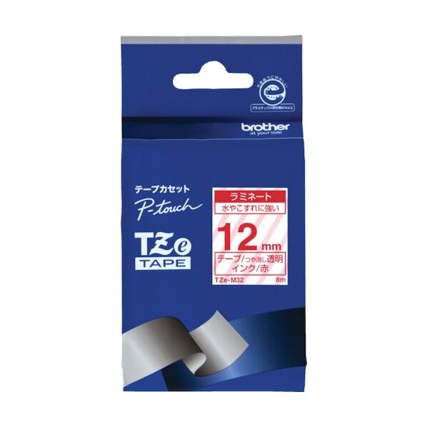 ブラザー販売 Tzeテープ 赤文字/透明(つや消し)/12mm TZE-M32 1点