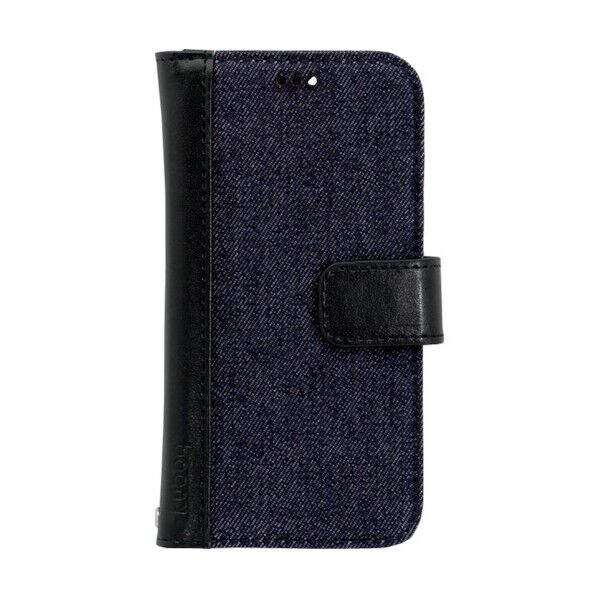 iPhone 12 mini用手帳型ケース デニムとPUレザーの組み合わせたオシャレなデザイン インディゴブルー×ブラック