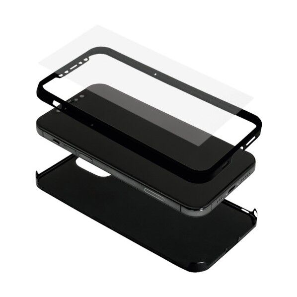 iPhone 12/12 Pro用フルカバーハードケース 360°包み込んでキズから守る 光沢画面保護ガラス付き ブラック