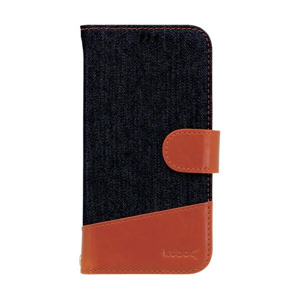 iPhone 12/12 Pro用手帳型ケース デニムとPUレザーの組み合わせたオシャレなデザイン インディゴブルー×キャメル