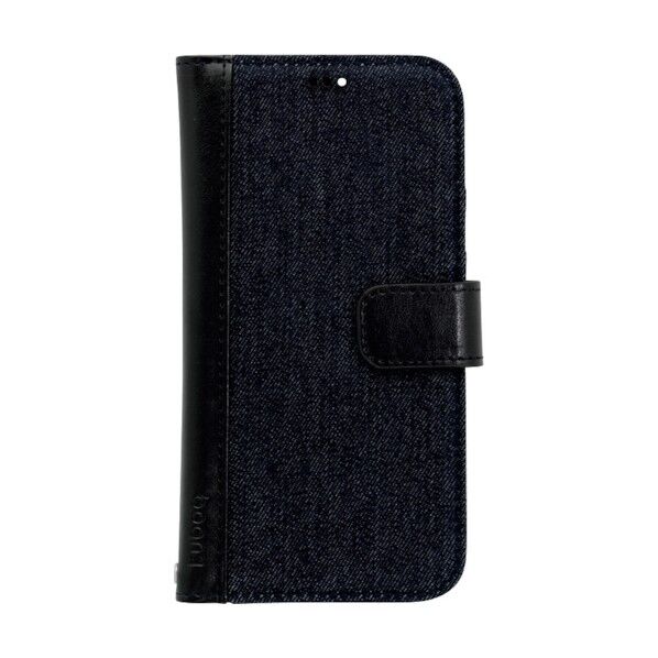 iPhone 12/12 Pro用手帳型ケース デニムとPUレザーの組み合わせたオシャレなデザイン インディゴブルー×ブラック