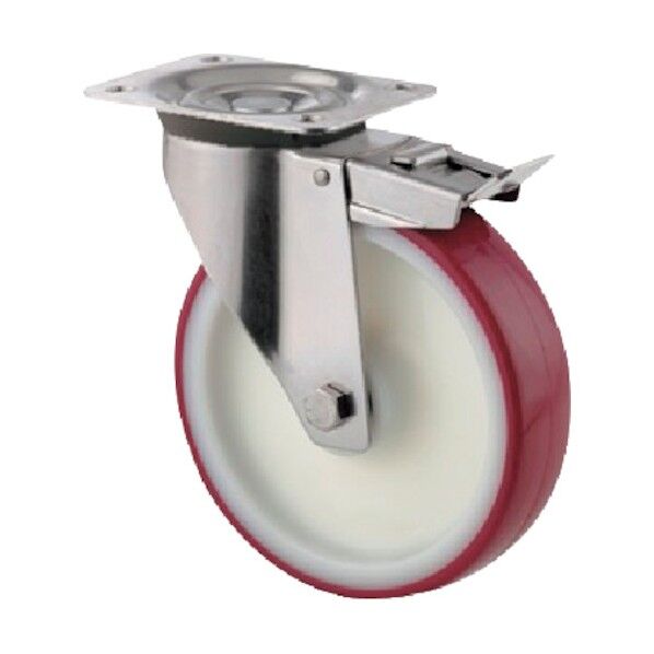 プレート式キャスターZETA(ポリウレタン車・ステンレス金具) φ200 自在式(トータルロック付) 8677UAD200P63 1点