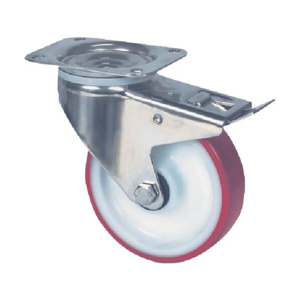 プレート式キャスターALPHA(ポリウレタン車・ステンレス金具) φ160 自在式(トータルロック付) 8477UAD160P63 RED 1点