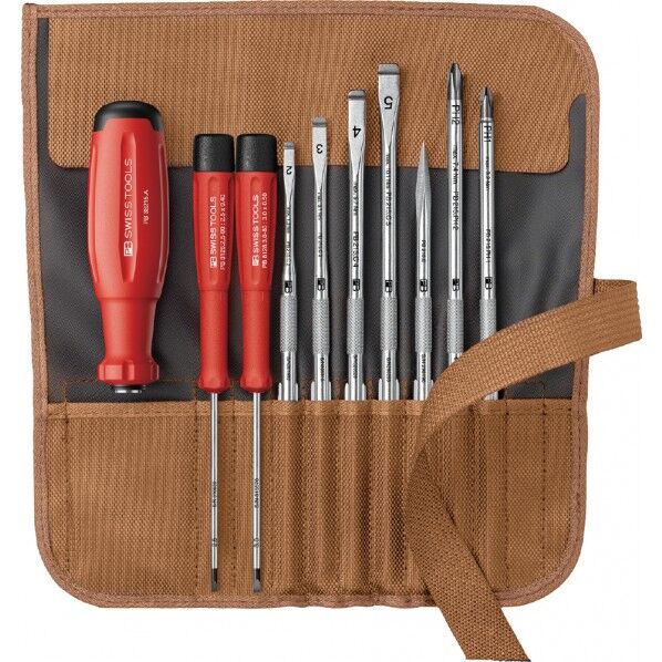スイスグリップEVO 差替式ドライバーセット 9本組 ブラウン ロールアップケース付