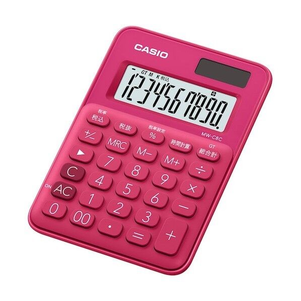 カシオ計算機 カラフル電卓ミニミニジャストタイフ 120×85.5×19.4mm ビビッドピンク MW-C8C-RD-N 1台