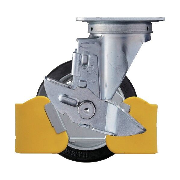フットガード付 旋回式ゴム車輪(スチールホイール・ローラーベアリング)125mm ストッパー付