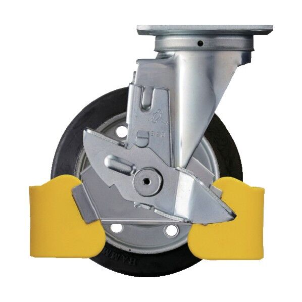 フットガード付 旋回式ゴム車輪(スチールホイール・ローラーベアリング)150mm ストッパー付