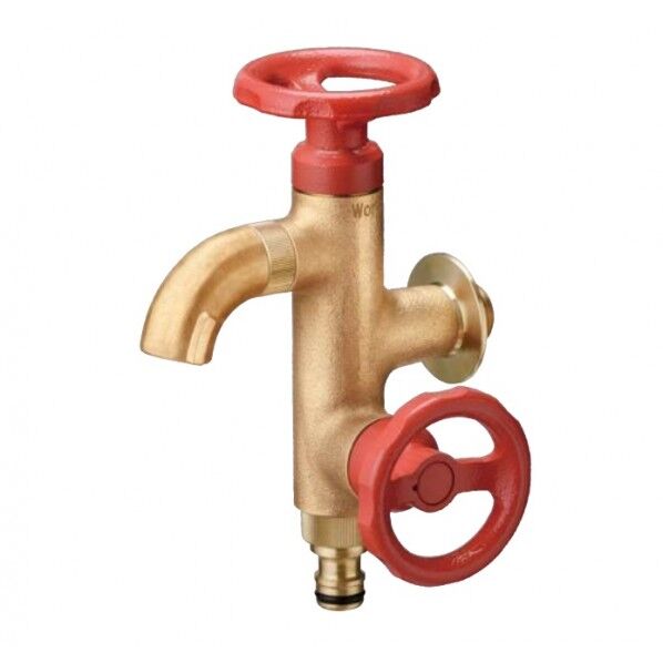 ウォーターワークス 二口横水栓(鋳肌・レッドハンドル)