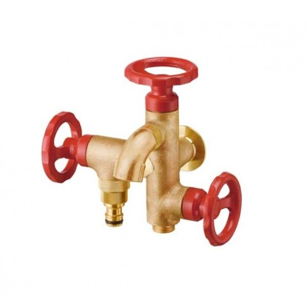 ウォーターワークス 三口横水栓(鋳肌・レッドハンドル)