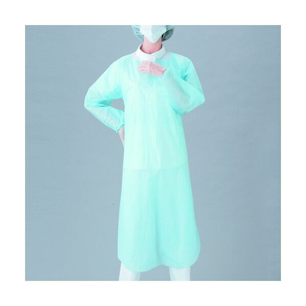 汚染・感染対策用防水エプロン クリーンエプロン 袖付 長袖 ゴム袖口 ふつう ブルー