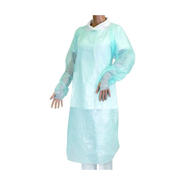 汚染・感染対策用防水エプロン クリーンエプロン 袖付 長袖 フィンガーフック ふつう ブルー