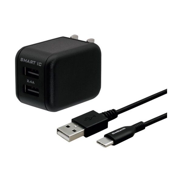 スマートIC搭載 2.4A出力対応AC充電器 柔らかく断線に強いType-Cケーブル120cm付属 ブラック OWL-ACS24TCSR12-BK 1点