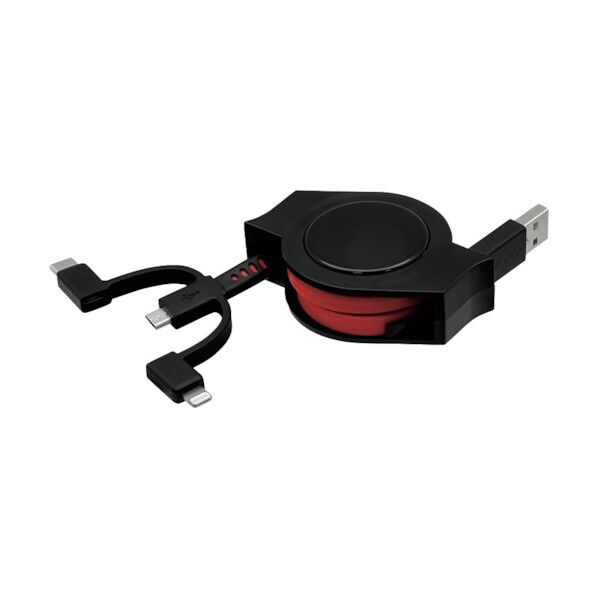 オウルテック 3 in 1 Lightningアダプター&USB Type-Cアダプター付き巻取り式microUSBケーブル ブラックレッド 100cm OWL-CBRKMLC10-BKRE 1点