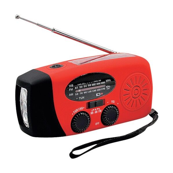 手回し充電ラジオライト 赤 AM/FM LED懐中電灯 (ソーラー充電/手回し充電/USB充電) J2471-RD 1個