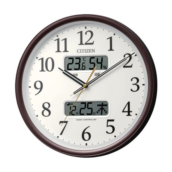 リズム 電波時計 壁掛け時計 温湿度計付き カレンダー 連続秒針 茶 Φ350×56mm 茶メタリック 8FYA06-006 1個...