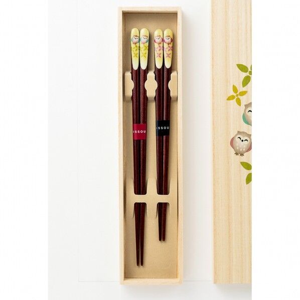 一双 吉兆桐箱夫婦箸笑ふくろう